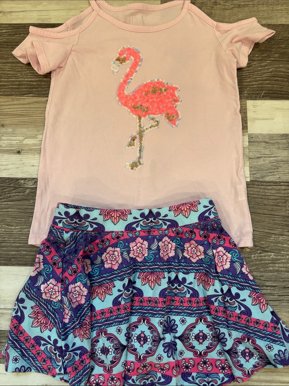 The Children's Place Light Pink Flamingo Top with Blue & Purple Floral Skirt
